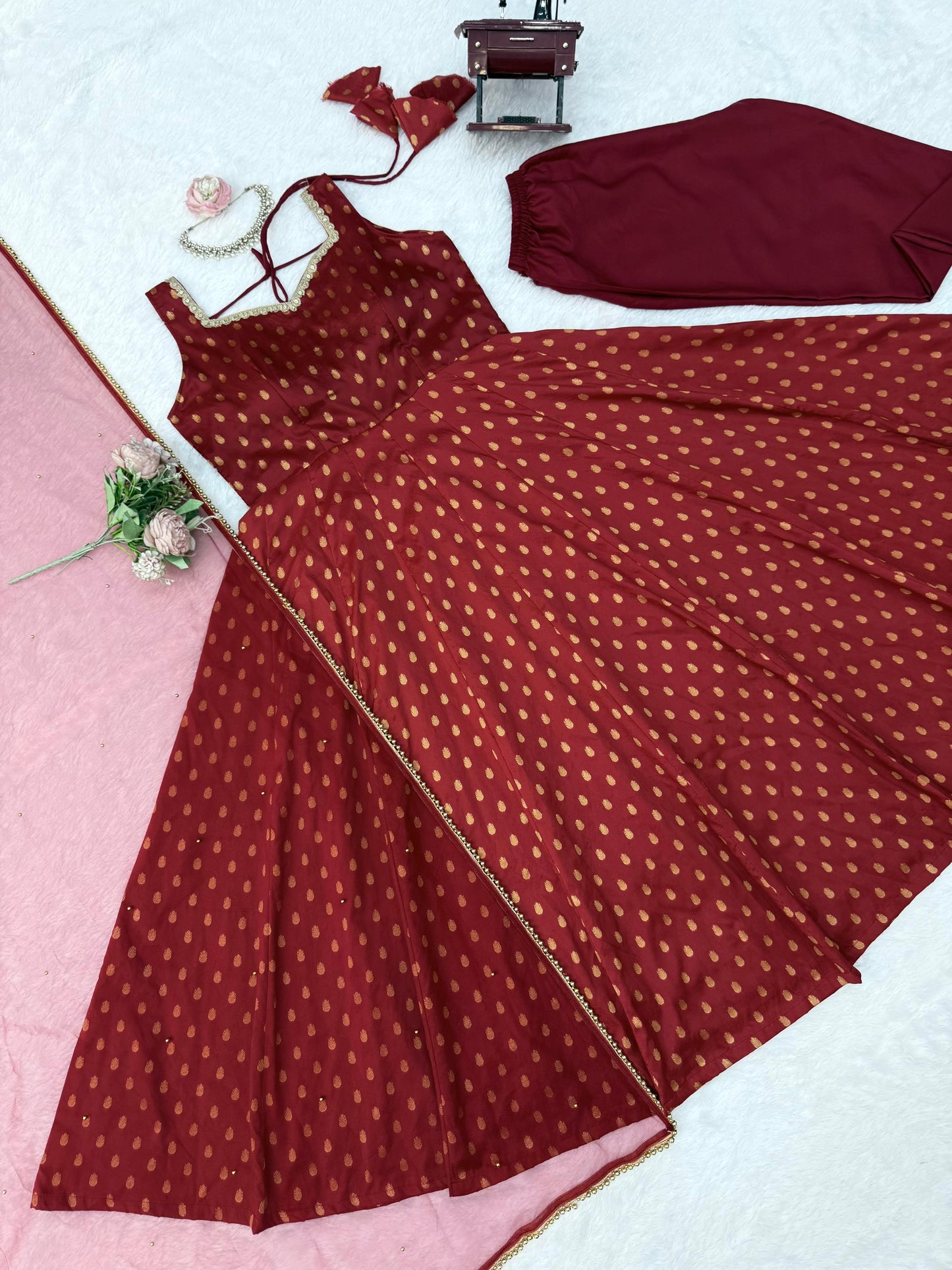 Premium Chanderi Jacquard Butti Anarkali Suit Set