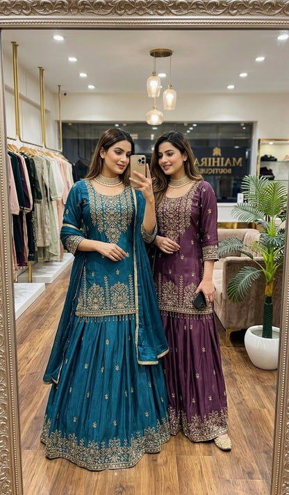 Trending Chinon Silk Top, Lehenga & Dupatta Set