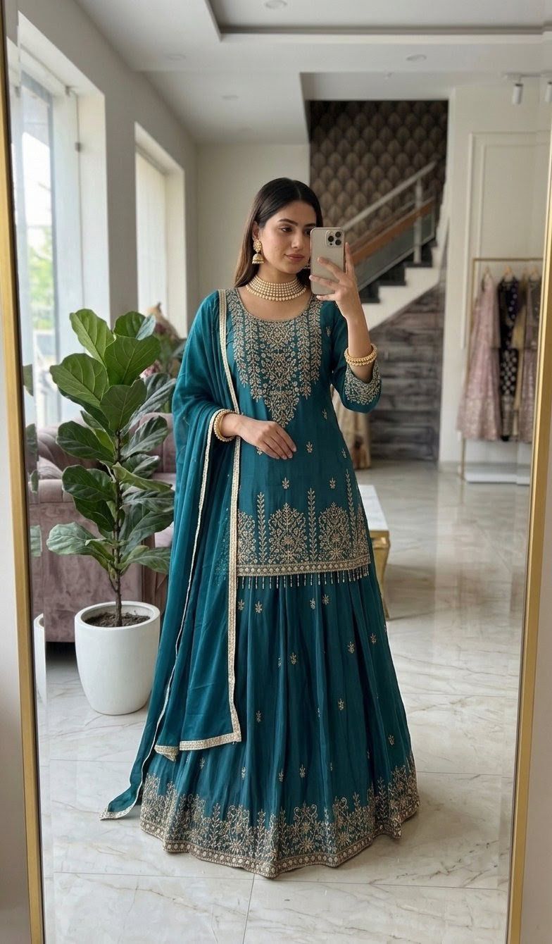 Trending Chinon Silk Top, Lehenga & Dupatta Set