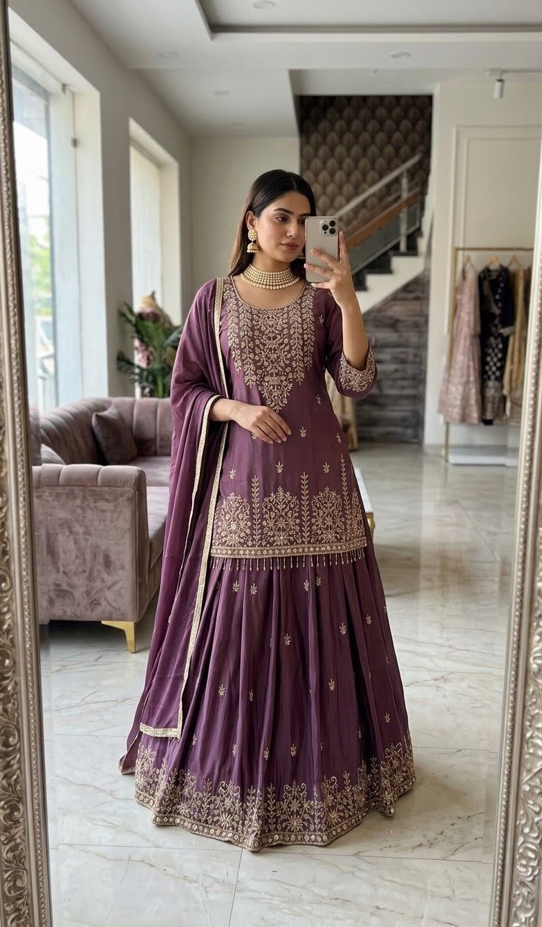 Trending Chinon Silk Top, Lehenga & Dupatta Set