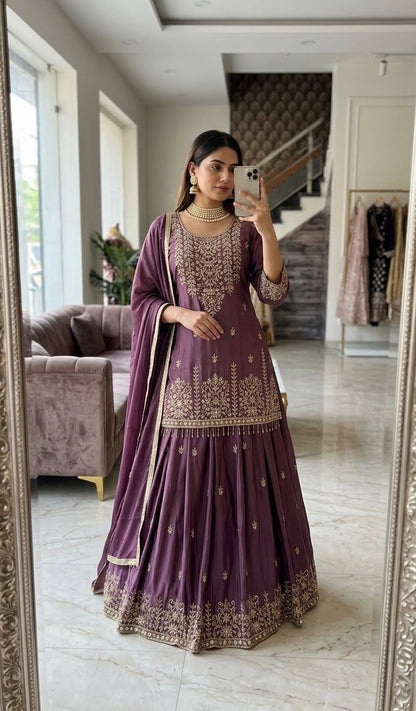Trending Chinon Silk Top, Lehenga & Dupatta Set