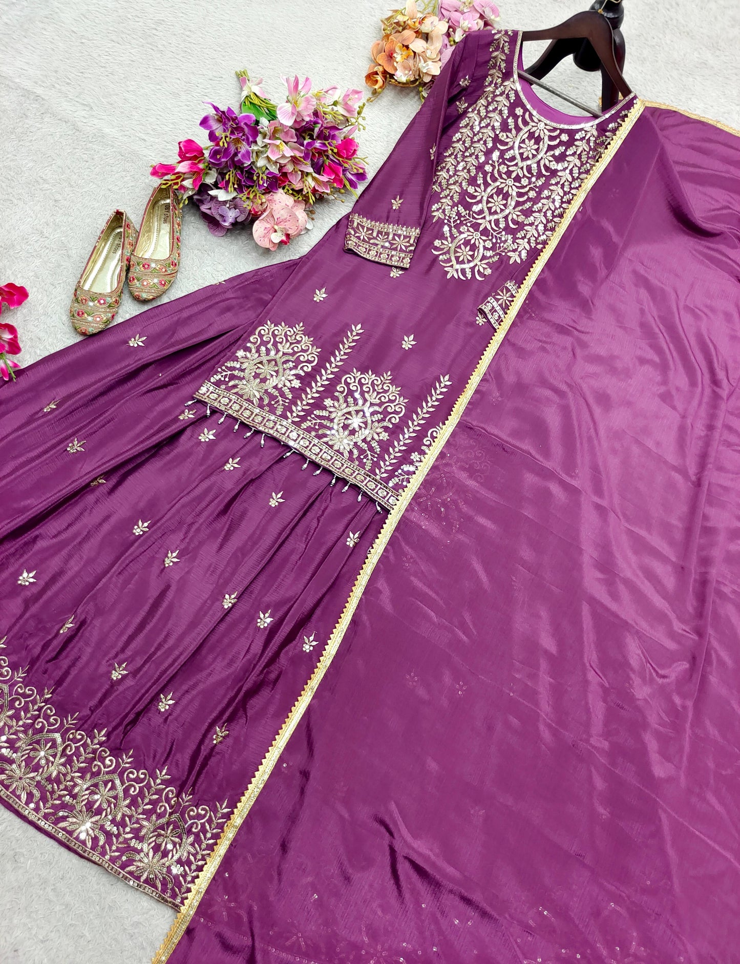 Trending Chinon Silk Top, Lehenga & Dupatta Set