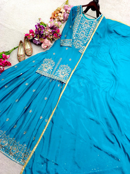 Trending Chinon Silk Top, Lehenga & Dupatta Set