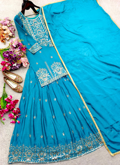 Trending Chinon Silk Top, Lehenga & Dupatta Set