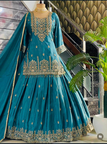 Trending Chinon Silk Top, Lehenga & Dupatta Set