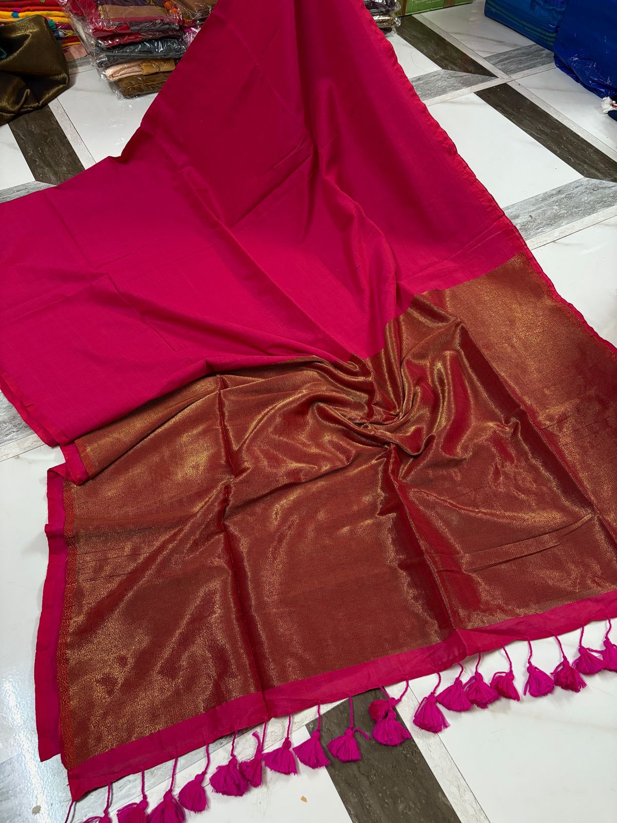 Handloom Khadi Cotton Saree With Heavy Zari Pallu