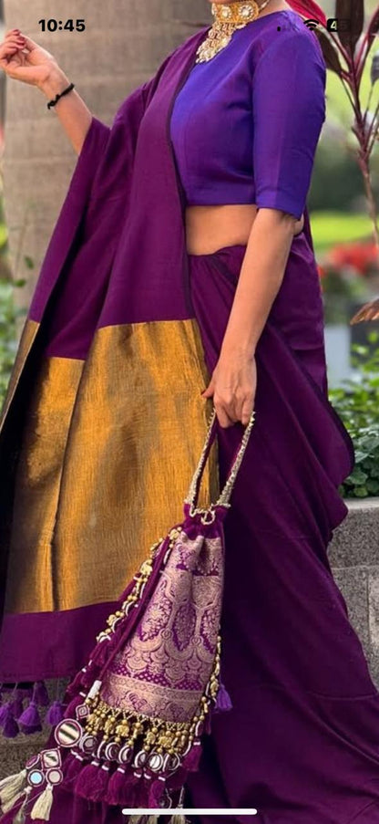 Handloom Khadi Cotton Saree With Heavy Zari Pallu