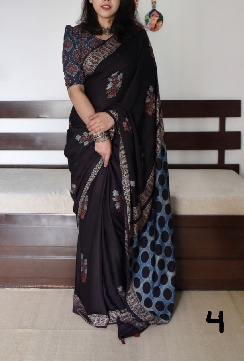 Ajrakh Digital Print Muslin Saree