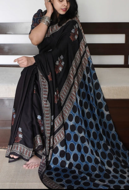 Ajrakh Digital Print Muslin Saree