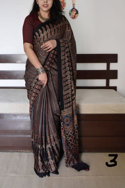 Ajrakh Digital Print Muslin Saree