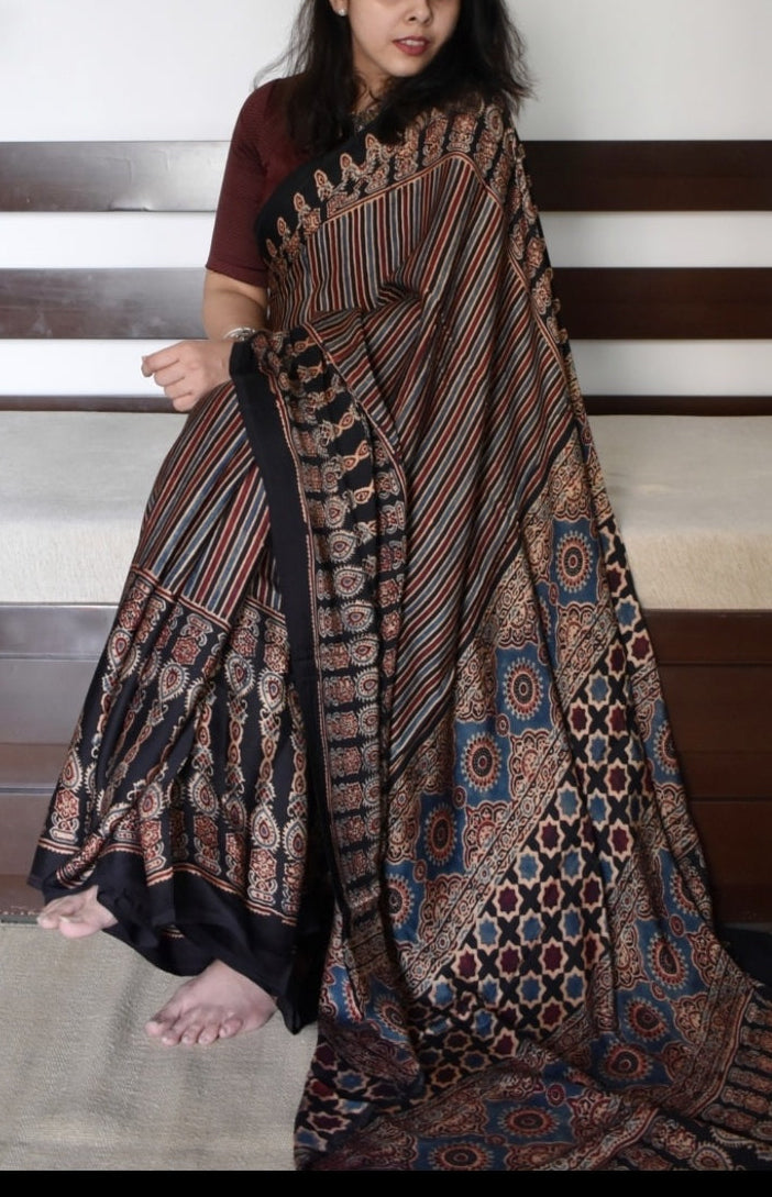Ajrakh Digital Print Muslin Saree