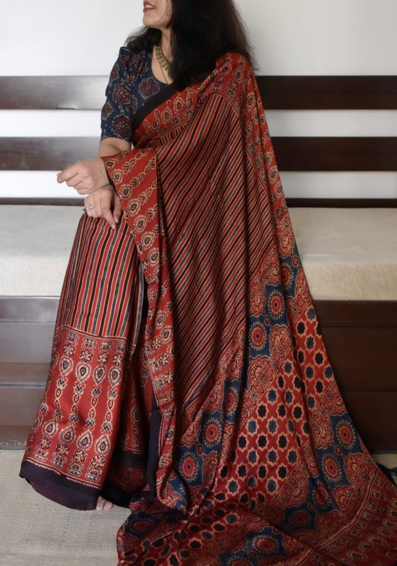 Ajrakh Digital Print Muslin Saree
