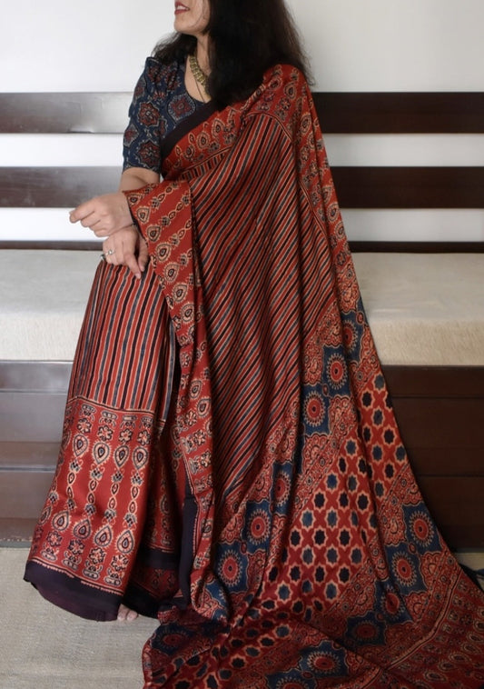 Ajrakh Digital Print Muslin Saree