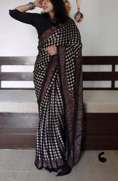 Ajrakh Digital Print Muslin Saree