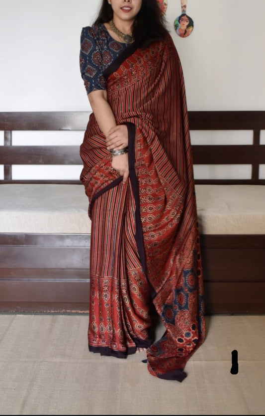 Ajrakh Digital Print Muslin Saree