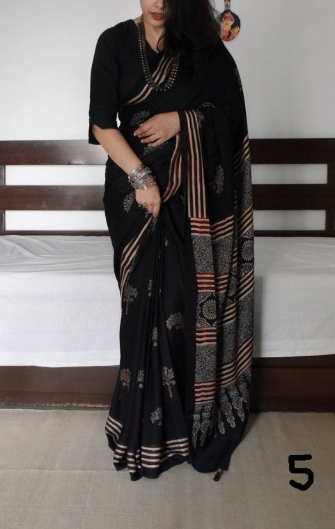 Ajrakh Digital Print Muslin Saree