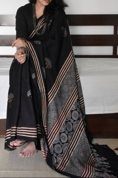 Ajrakh Digital Print Muslin Saree