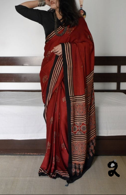 Ajrakh Digital Print Muslin Saree