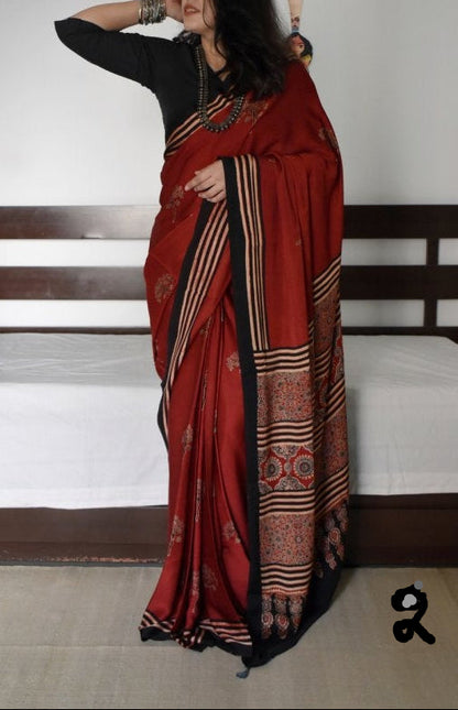 Ajrakh Digital Print Muslin Saree