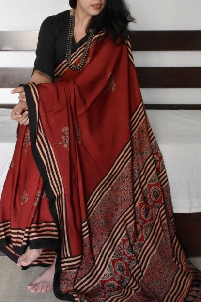 Ajrakh Digital Print Muslin Saree