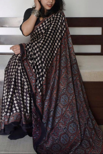 Ajrakh Digital Print Muslin Saree