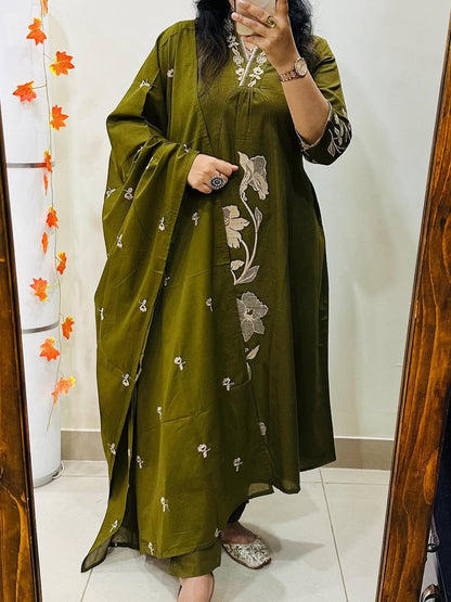 Graceful Embroidered A-Line Cotton Kurta Set