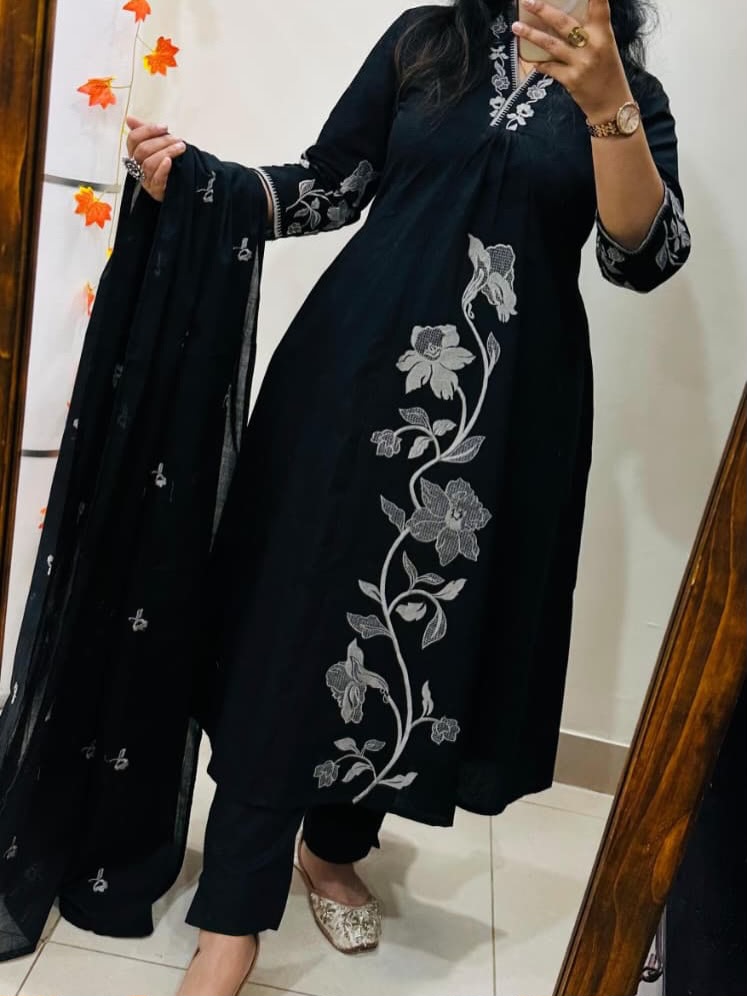 Graceful Embroidered A-Line Cotton Kurta Set