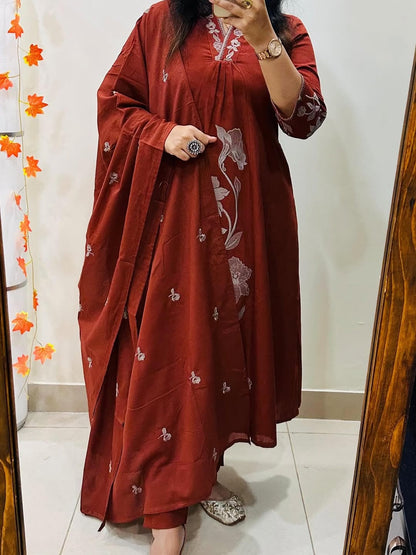 Graceful Embroidered A-Line Cotton Kurta Set