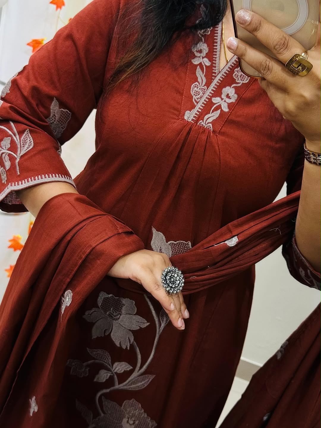 Graceful Embroidered A-Line Cotton Kurta Set