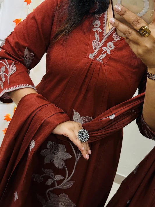 Graceful Embroidered A-Line Cotton Kurta Set
