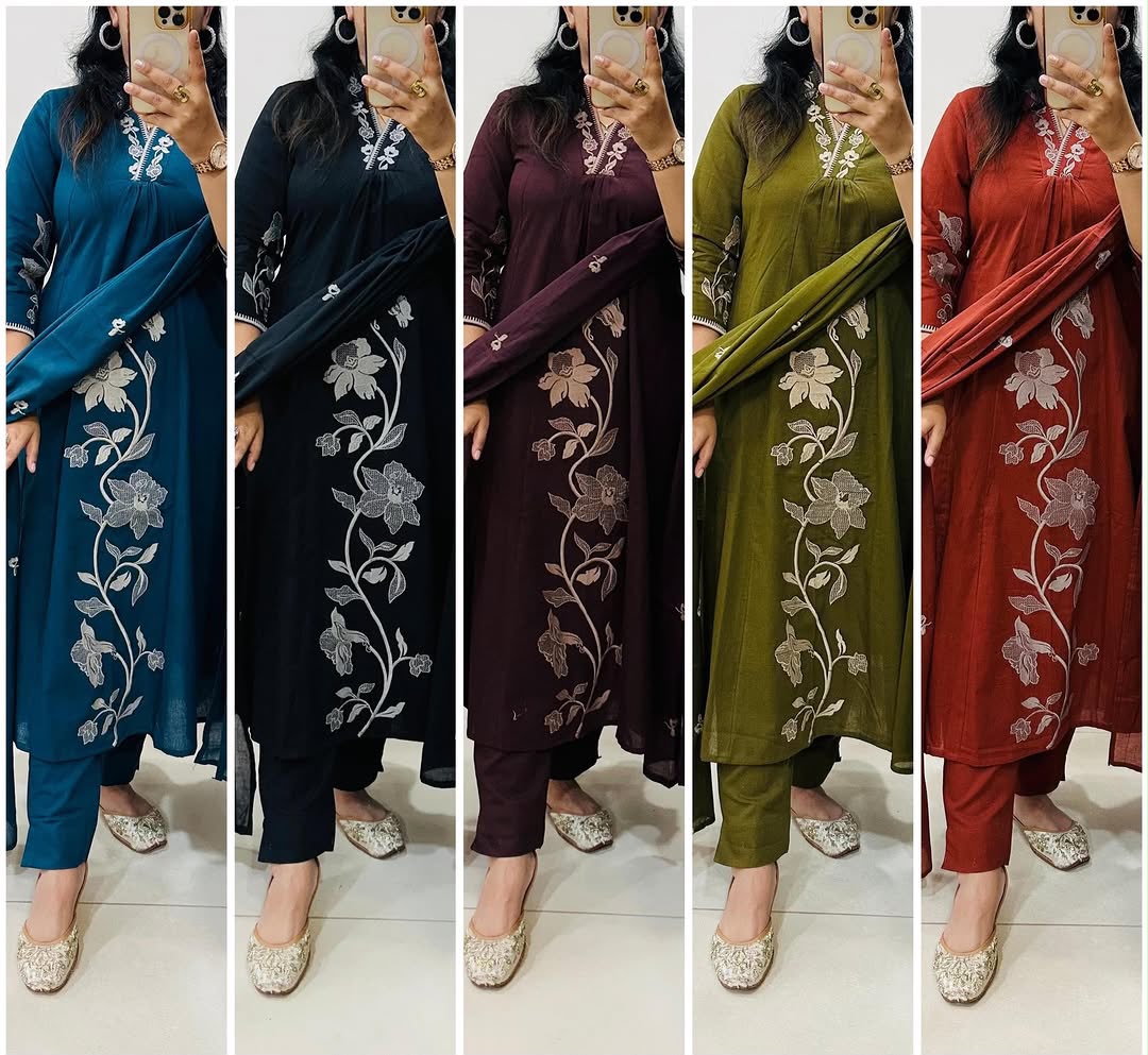 Graceful Embroidered A-Line Cotton Kurta Set