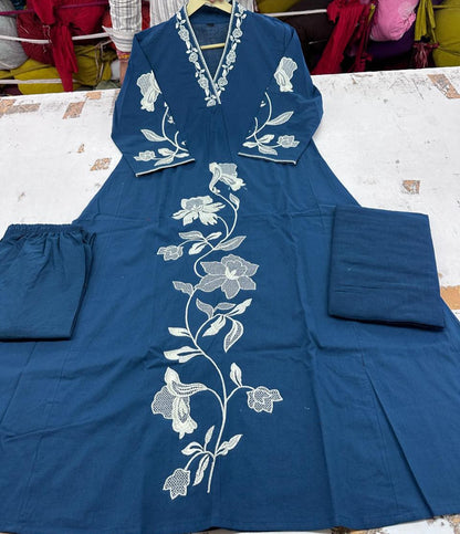 Graceful Embroidered A-Line Cotton Kurta Set