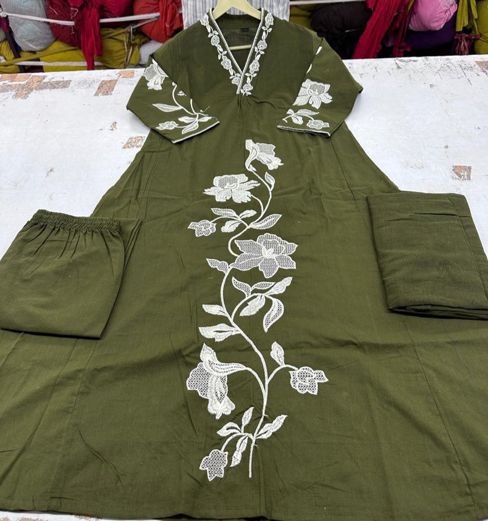 Graceful Embroidered A-Line Cotton Kurta Set