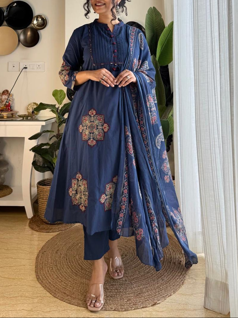 Elegant Pintex And Handwork A-Line Cotton Kurta Set