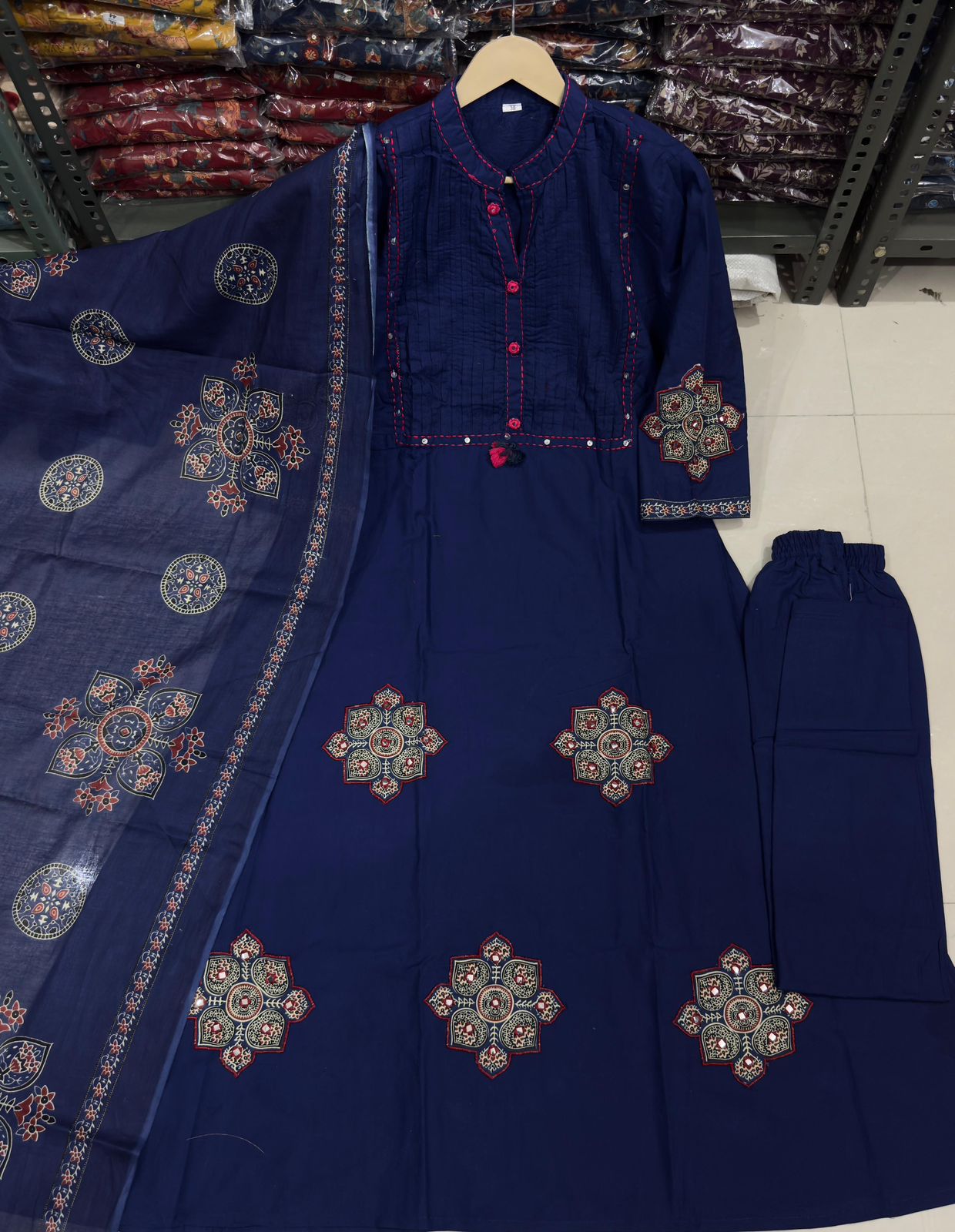 Elegant Pintex And Handwork A-Line Cotton Kurta Set