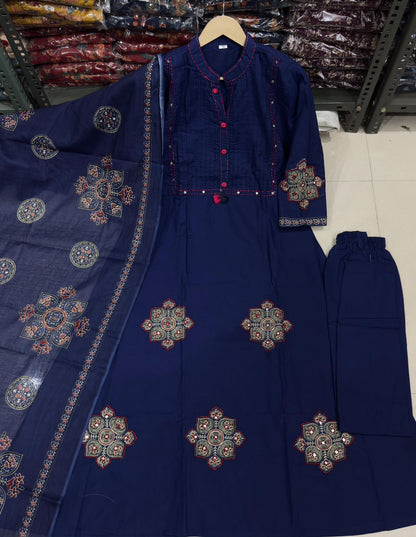 Elegant Pintex And Handwork A-Line Cotton Kurta Set