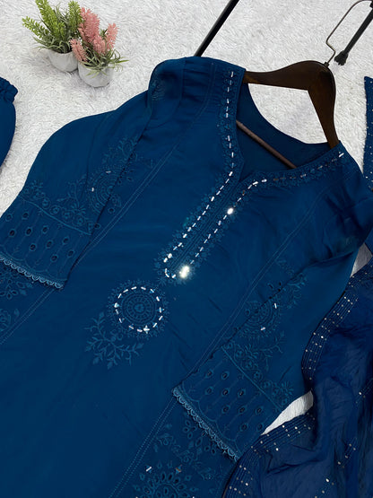 Stylish Mal Chanderi Kurta Set With Real Hand Mirror Work