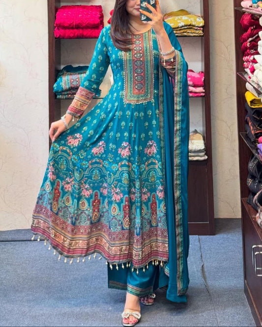 Rajasthani Blue Anarkali Plazo And Dupatta Set