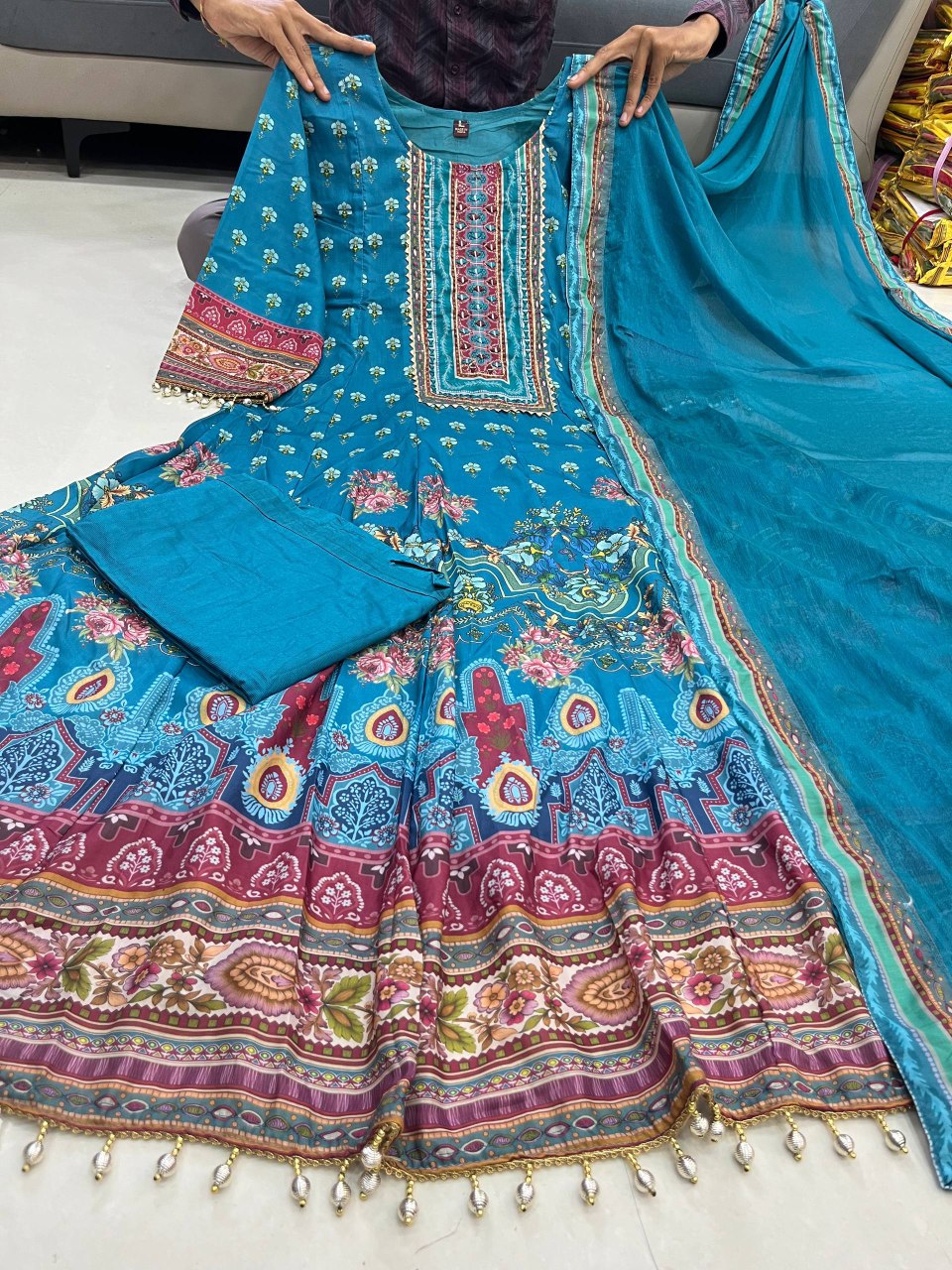 Rajasthani Blue Anarkali Plazo And Dupatta Set