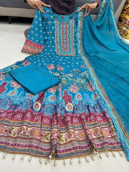 Rajasthani Blue Anarkali Plazo And Dupatta Set