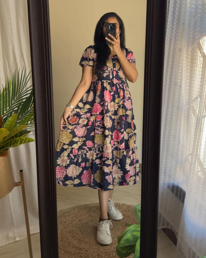 Elegant Printed Blue Floral Cotton Midi Dress