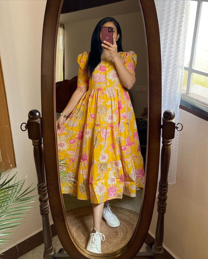 Elegant Printed Yellow Cotton Midi Dress