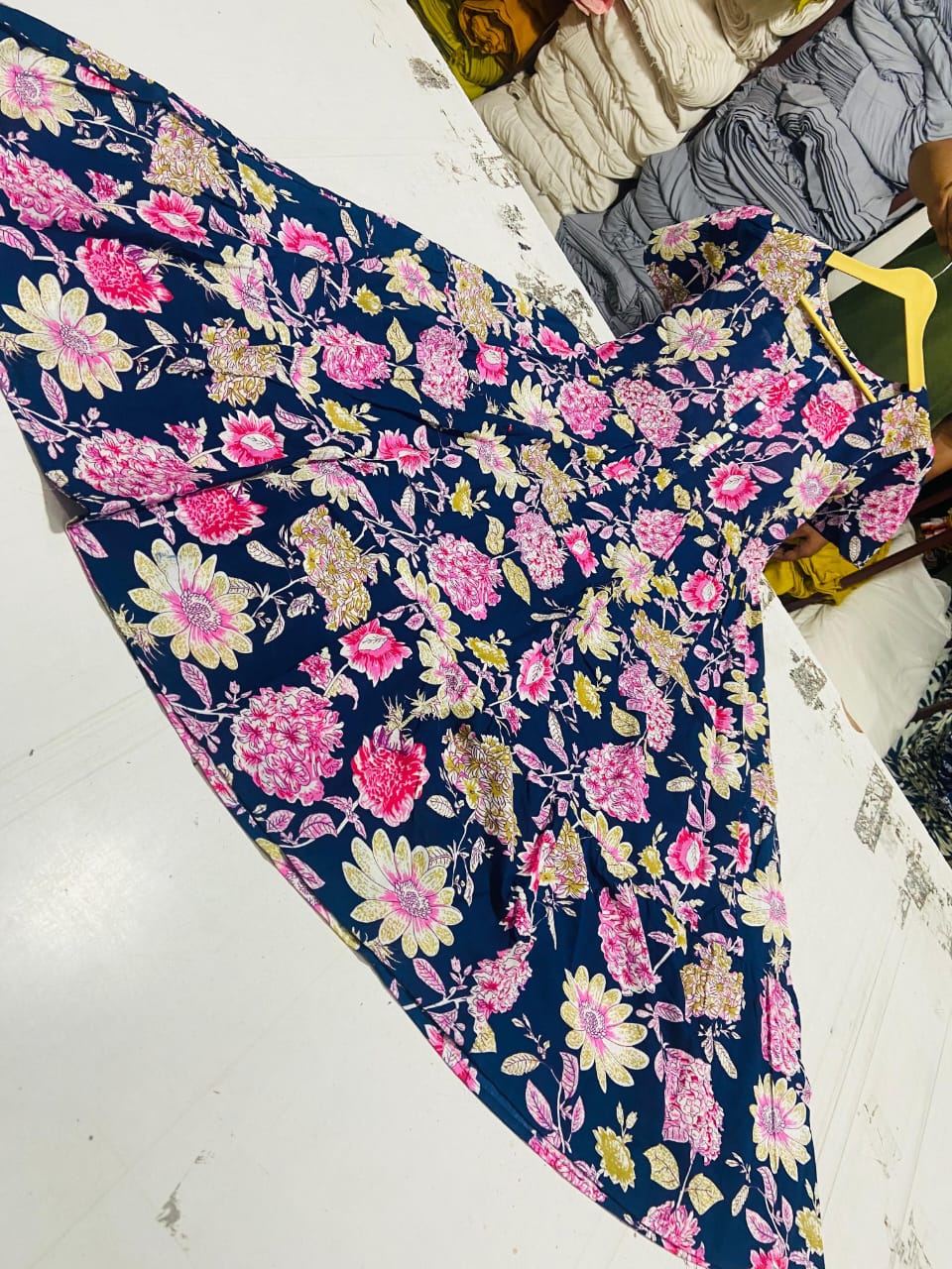 Elegant Printed Blue Floral Cotton Midi Dress