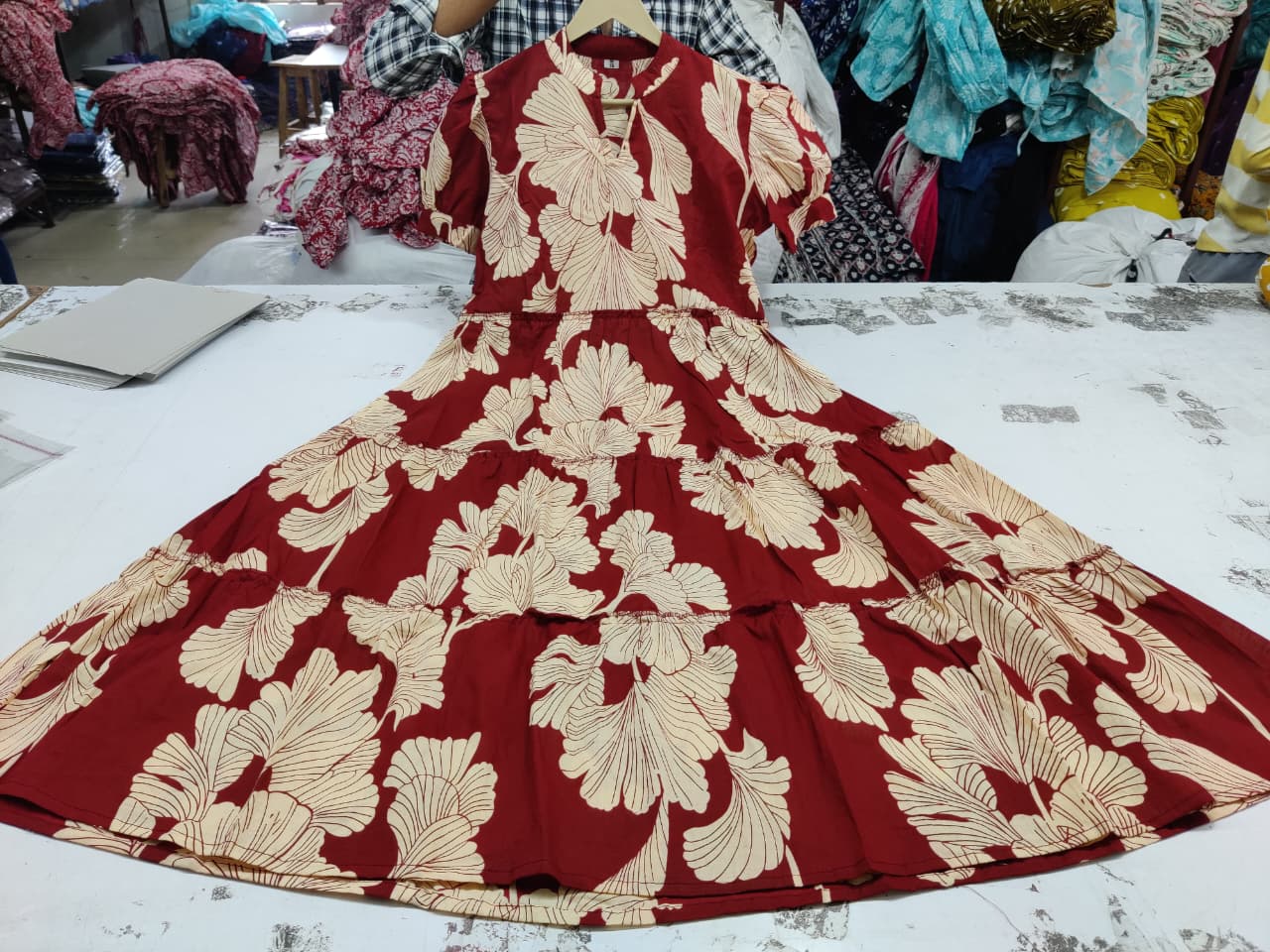Elegant Printed Red Cotton Midi Dress