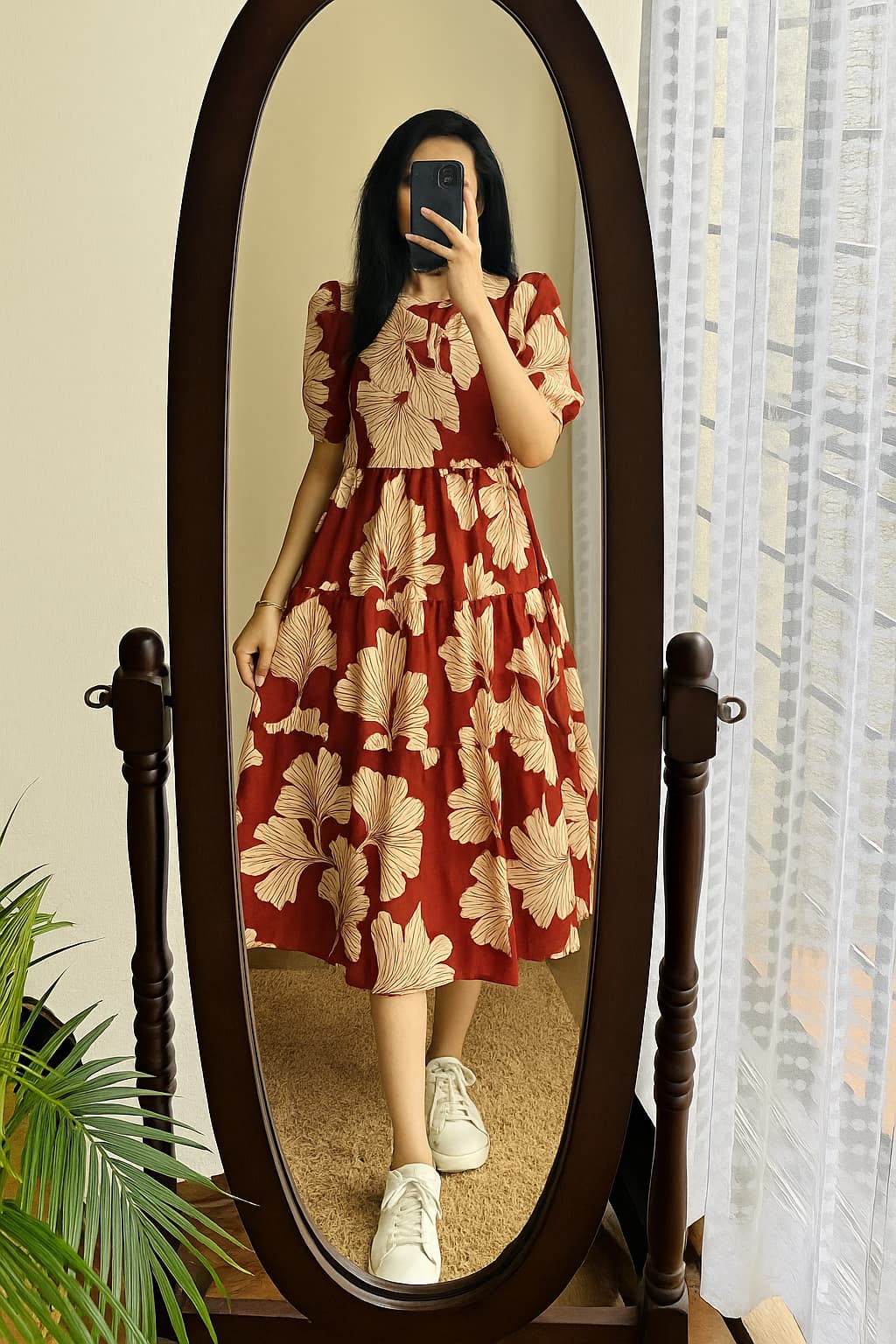 Elegant Printed Red Cotton Midi Dress