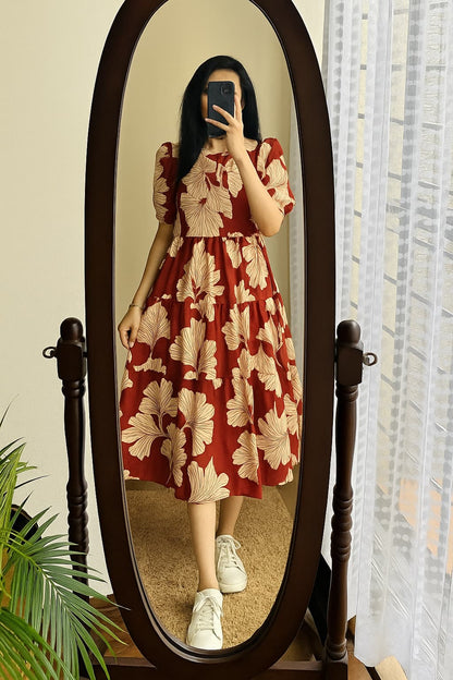 Elegant Printed Red Cotton Midi Dress