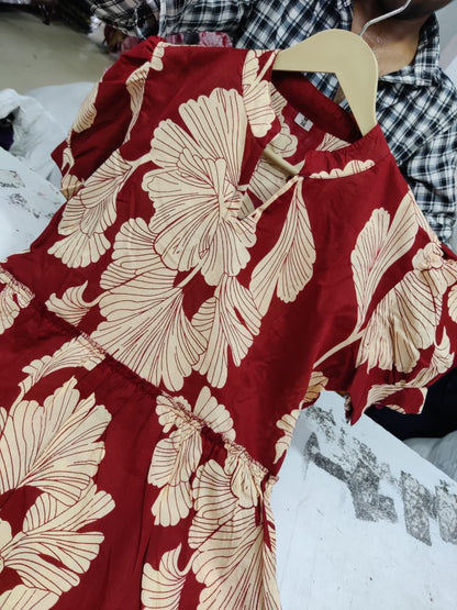 Elegant Printed Red Cotton Midi Dress