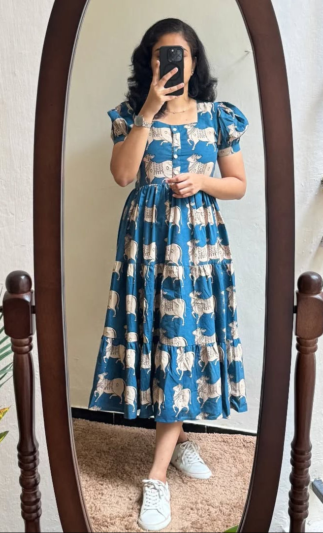 Elegant Printed Blue Cotton Midi Dress