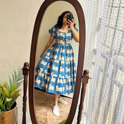 Elegant Printed Blue Cotton Midi Dress