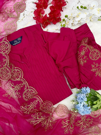 Gorgeous Pink Silk Kurta Set With Organza Dupatta